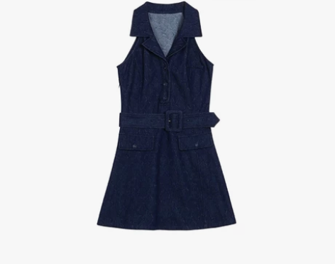 千禧辣妹纯欲风复古挖肩格纹裙子牛仔配腰带无...