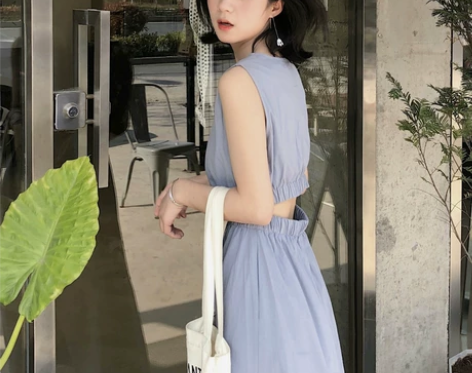 雾霾蓝连衣裙女收腰显瘦chic冷淡风极简小...