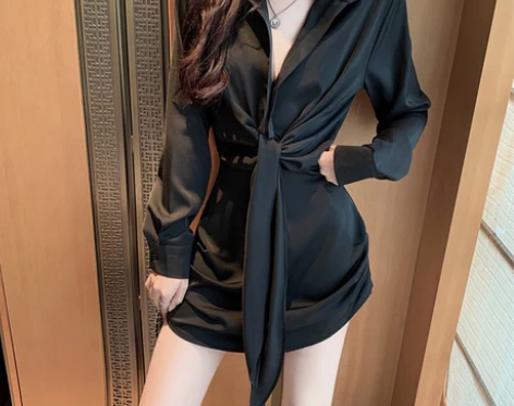 纯欲风性感收腰绑带衬衫连衣裙女春季新款轻熟...