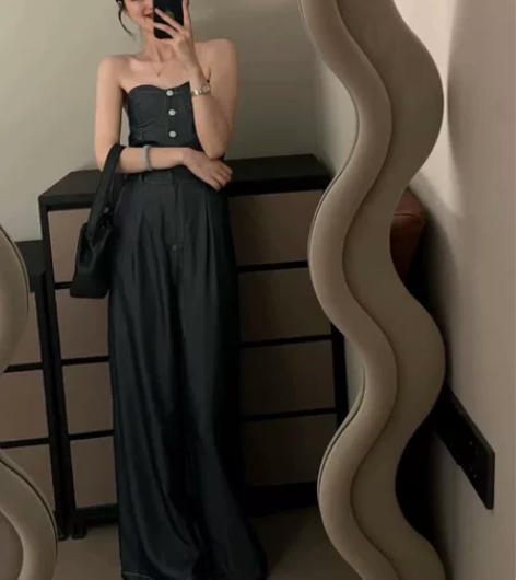 大头花同款  韩国东大门抹胸蓝色连体裤女2...