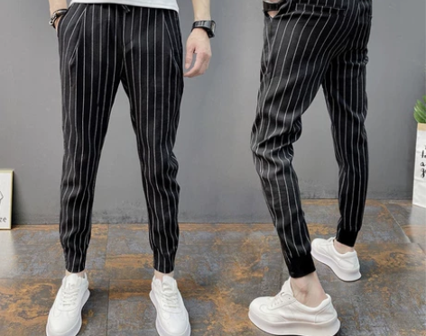 夏季九分裤子男网红潮流条纹修身小脚裤社会小...
