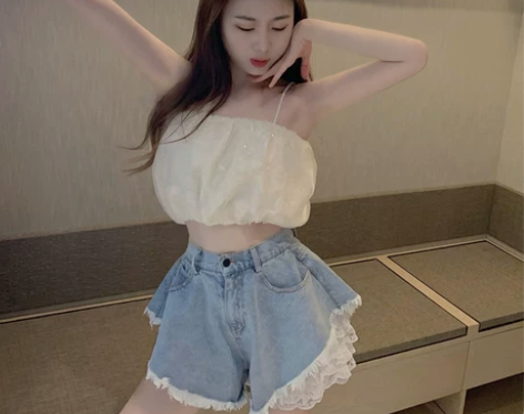 蕾丝牛仔短裤女2021新款夏季高腰宽松显瘦...