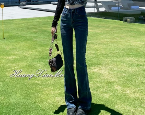 复古蓝高腰微喇牛仔裤女2022春夏新款辣妹...