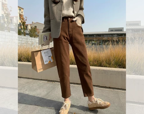 范智乔  薄绒牛仔裤女秋冬高腰直筒烟管裤小...