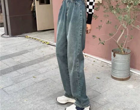 牛仔裤女直筒宽松甜辣小码显瘦高腰垂感阔腿裤...