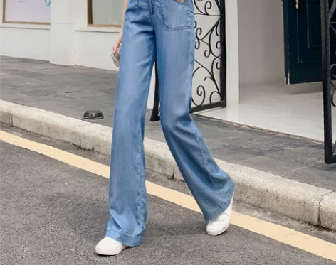 天丝牛仔裤女软牛仔高腰薄款阔腿加长裤九分宽...