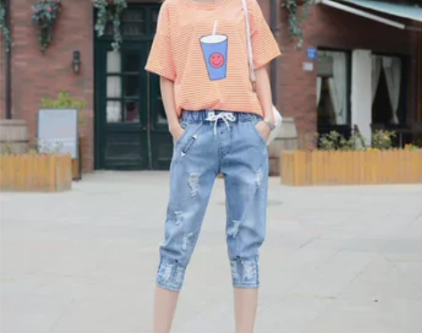 韩版潮哈伦裤bf风宽松马裤破洞牛仔裤女大童...