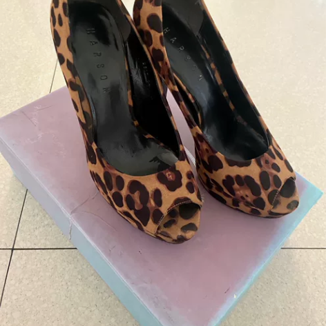 豹纹高跟鞋单鞋10cm厘米高，有防水台，闲...