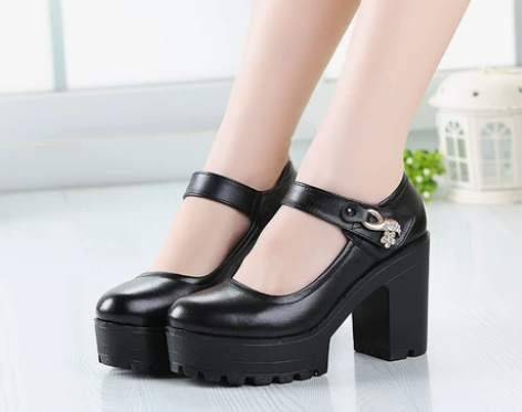 旗袍走秀模特鞋圆头真皮防水台粗跟松糕厚底女...