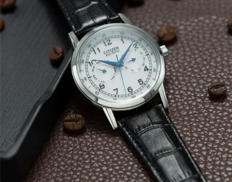 西铁城小蓝针光动能三眼真皮指针式商务休闲石...