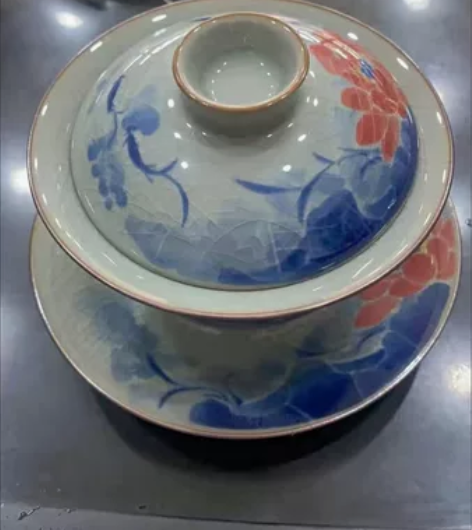 景德镇老陶泥青花三才盖碗三才碗 连年有鱼三...