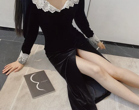 法式赫本风名媛黑色丝绒连衣裙女秋冬收腰长袖...