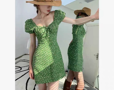 小个子法式甜美绿色收腰裙子，买来一次也没穿...