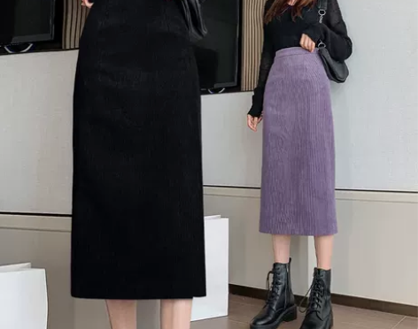 灯芯绒半身裙中长款A字裙女裙子开叉长裙高腰...