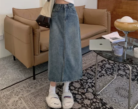 半身裙女春季复古高腰显瘦中长款开叉牛仔A字...