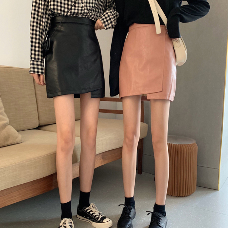 辣妹粉色皮裙半身裙女春秋季高腰A字裙202...