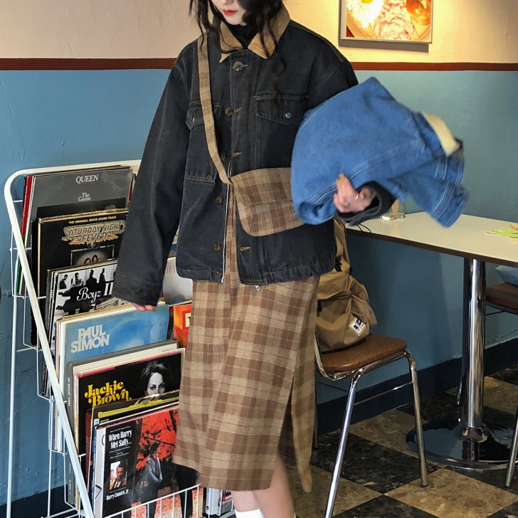 jmwomen 港味复古高腰格子半身裙女秋...