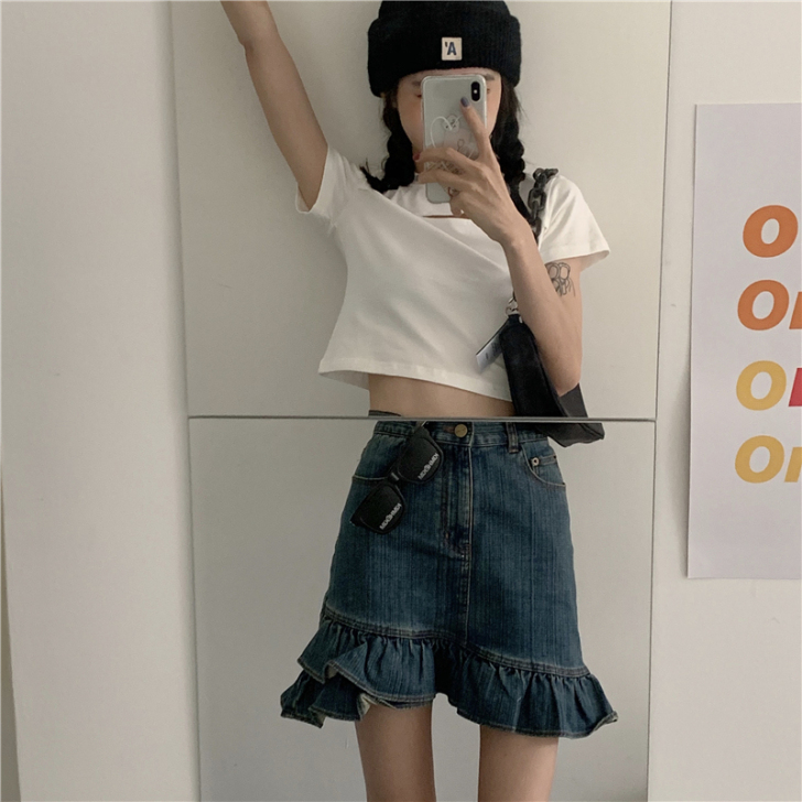 牛仔半身裙女夏季不规则A字裙复古荷叶边短裙...