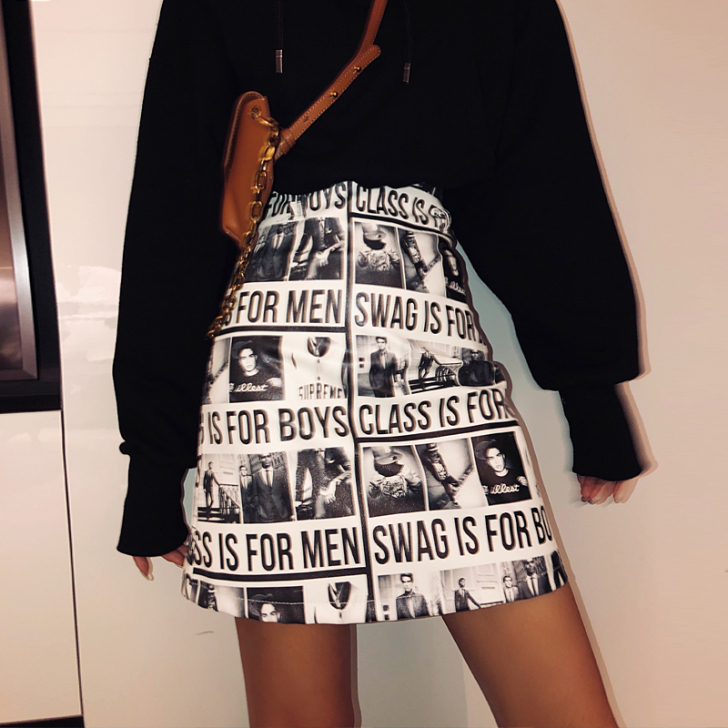 李婉君港味复古印花半身裙女chic高腰显瘦...