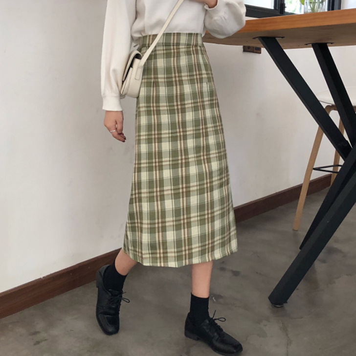 半身裙女士裙子绿色格子中长款a字裙秋冬季包...