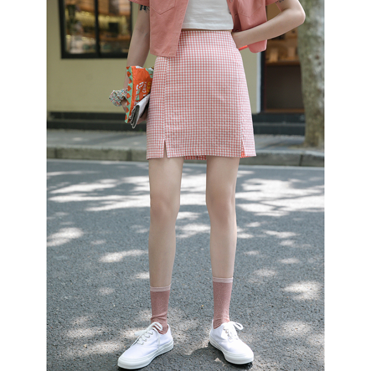 粉色格子短裙半身裙女夏季百搭高腰a字裙包臀...