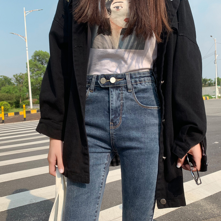 牛仔裤女2021秋季新款高腰修身显高显瘦百...