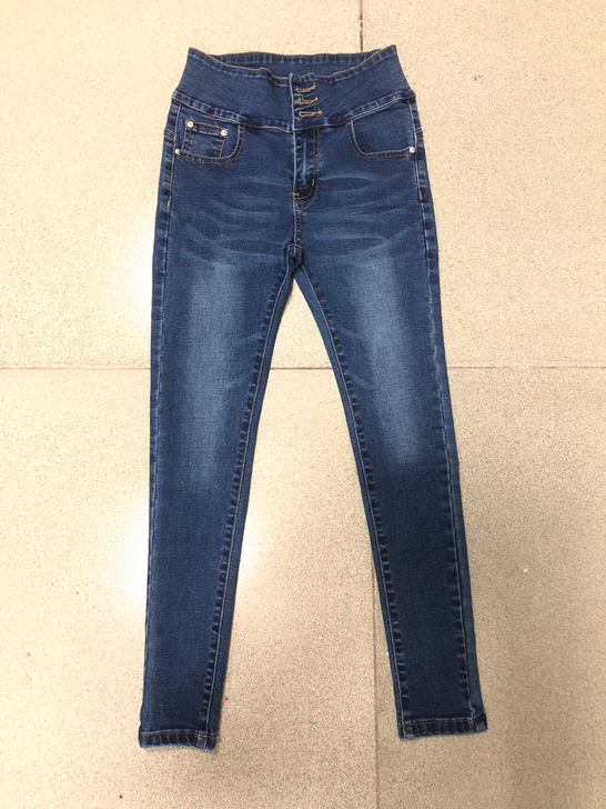 高腰高弹排扣小脚裤，深蓝色，26码，喜欢的...