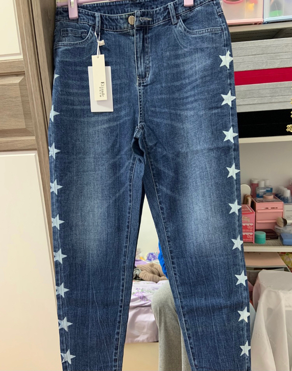 古着星星印花休闲百搭蓝色高腰直筒九分牛仔裤女