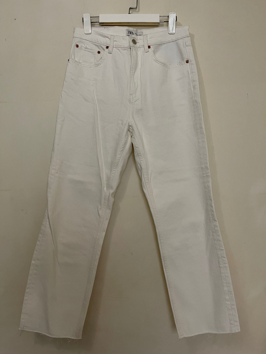 zara复古休闲宽松显瘦直筒牛仔裤毛边高腰...