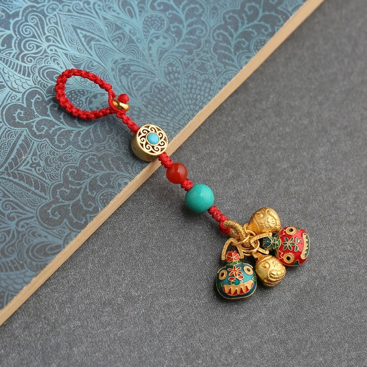 纯铜吞金兽钥匙扣链挂绳一家三口手机链挂饰招...