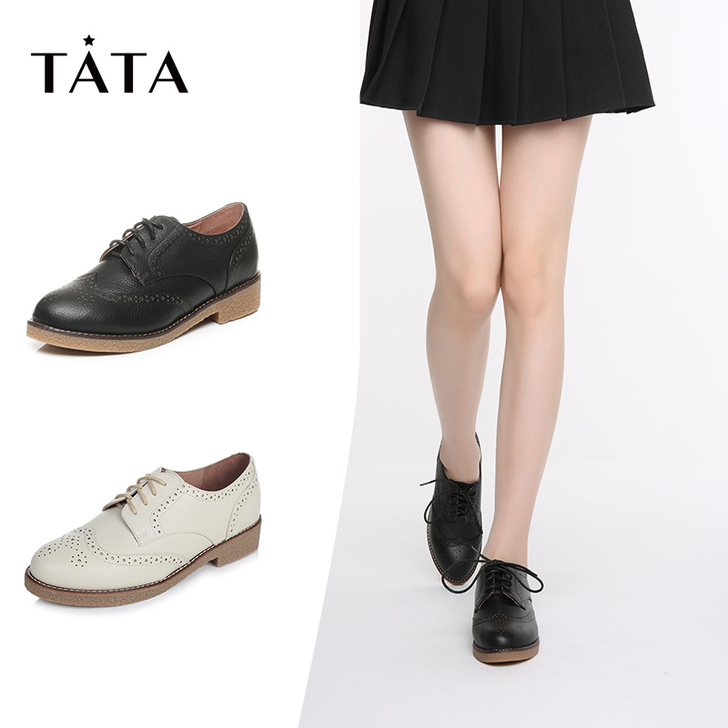 TATA他她秋英伦系带布洛克款式鞋方跟女单...