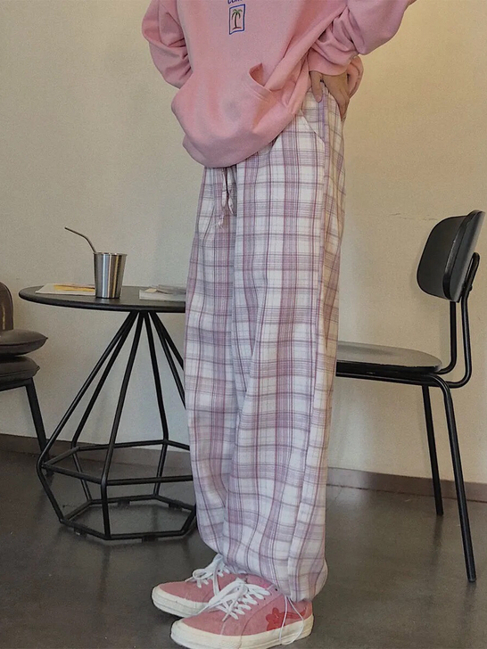 粉色格子休闲阔腿裤/学院风/实体店不开了