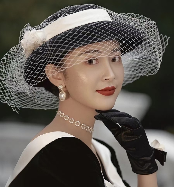 复古法式黑白网纱山茶花赫本平顶礼帽婚纱写真...