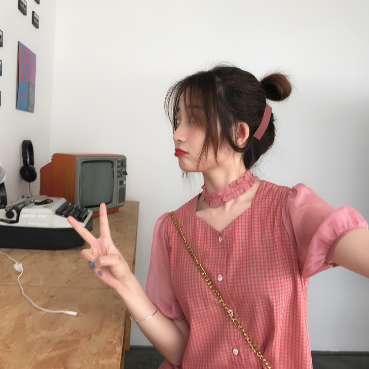 kumayes 裙子仙女超仙森系泡泡袖格子...