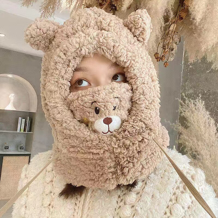 可爱小熊帽子女秋冬韩版骑车防风保暖护耳口罩...