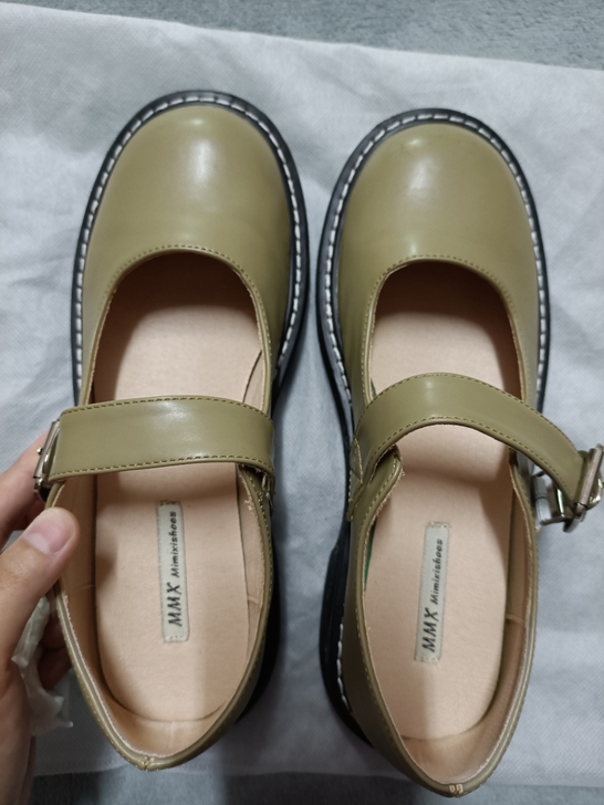 绿色粗跟小皮鞋女2021新款jk大头鞋玛丽...