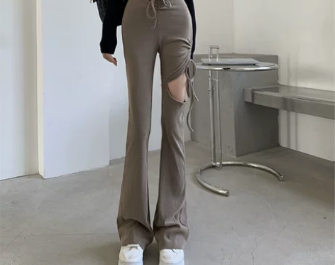 2021年秋冬季新款高腰褶皱系带休闲裤子设...