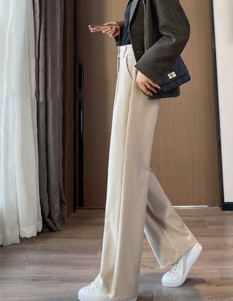 毛呢加绒加厚长裤女宽松高腰垂感直筒拖地阔腿裤
