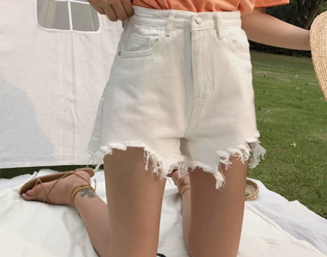 春夏毛边牛仔短裤女韩版大码胖mm高腰阔腿宽...