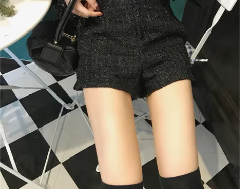 2018秋冬新款高腰气质包臀短裤女粗花呢外...