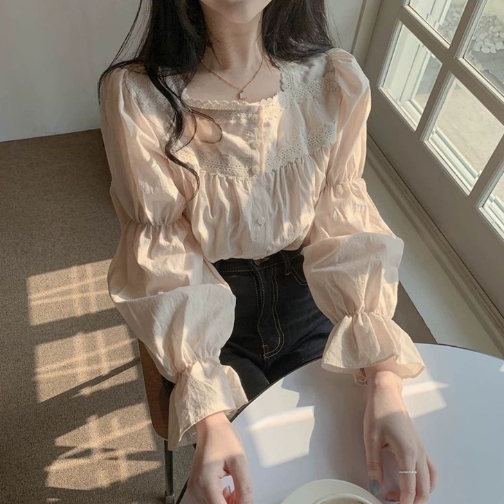 韩版复古法式小方领衬衫女百搭上衣
