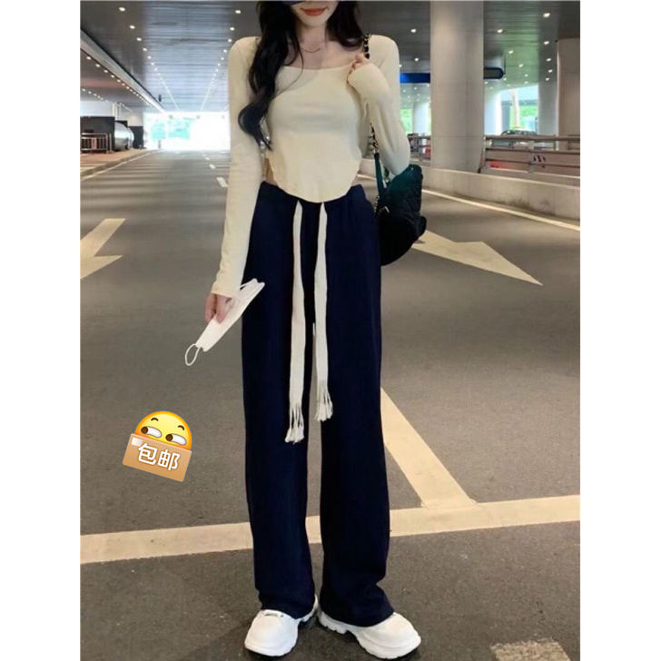 春夏爆款黑色手工编织抽绳直筒裤长裤女休闲裤...