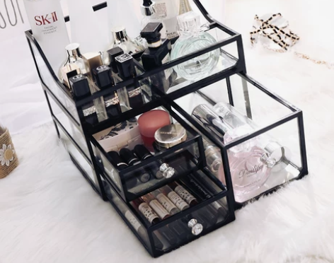 网红家用玻璃化妆品收纳盒欧式简约透明桌面护...