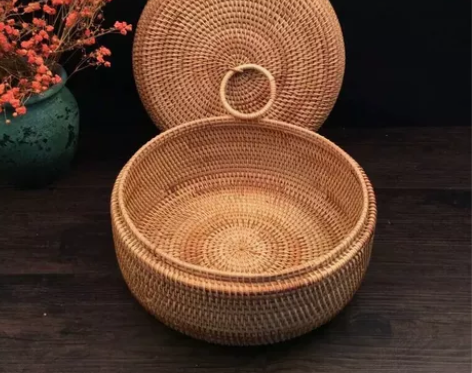 藤编收纳盒带盖果篮水果盘复古田园客厅桌面简...