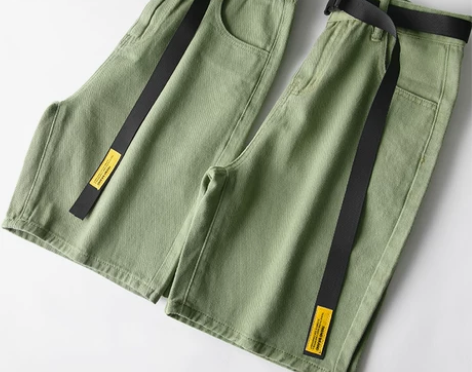 草绿色重磅日系复古纯色宽松五分裤纯棉工装直...