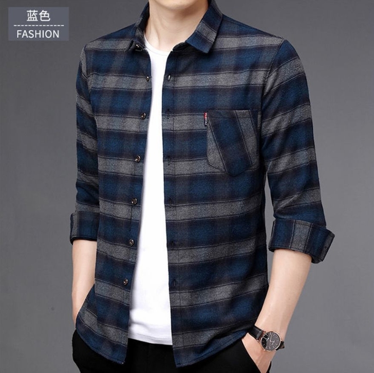 春秋款长袖衬衫男中青年男士格子棉衬衣休闲宽...