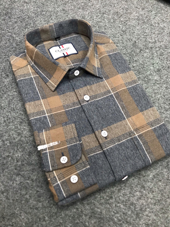 高端男士长袖厚料纯棉格子衬衫衬衫宽松休闲衬...