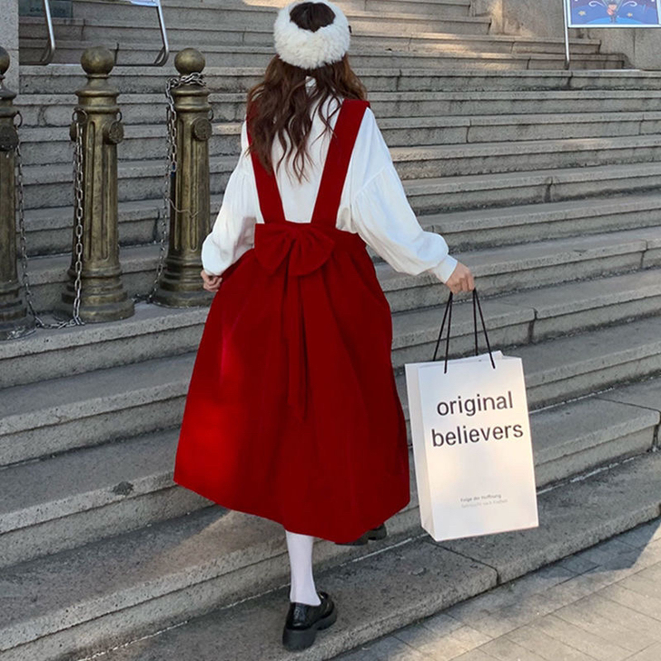 日系甜美背带裙女学生韩版收腰中长款吊带连衣裙