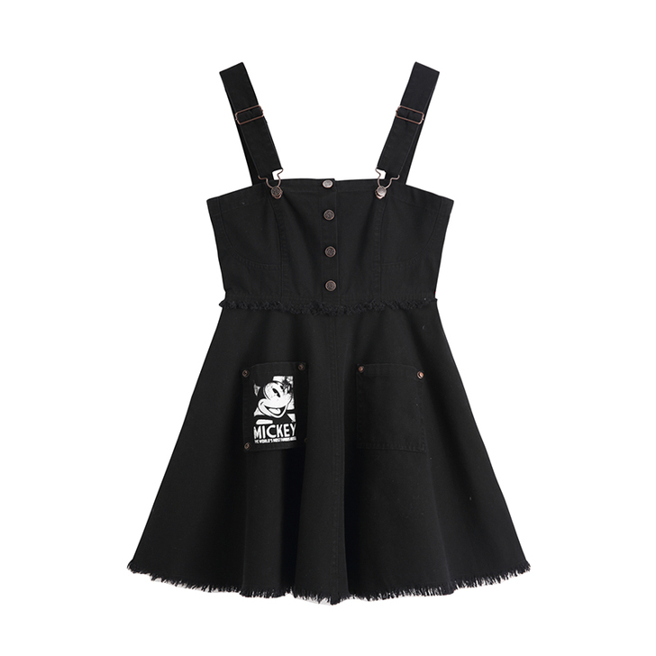 张大奕 迪士尼合作款复古背带裙短款黑色连衣...
