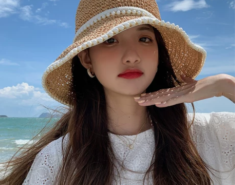 帽子女编织珍珠草帽夏季薄款遮阳防晒海边沙滩...